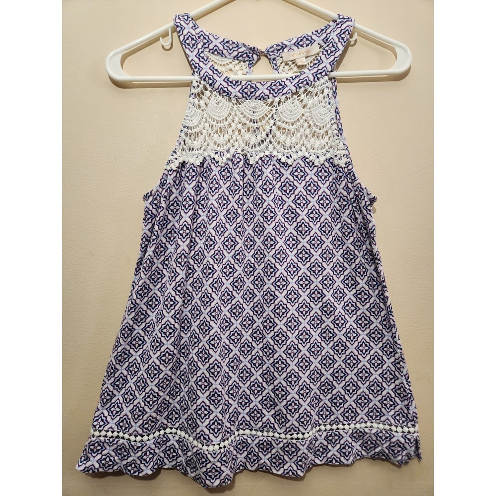 Skies Are Blue Purple Boho Geometric Halter Top Crochet Lace Pom Pom Trim Small